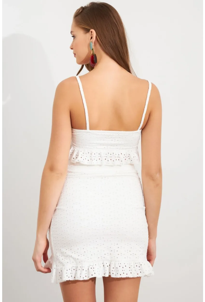 Kadın Beyaz Önü Bağlamalı Mini Etekli Takım LİT1088