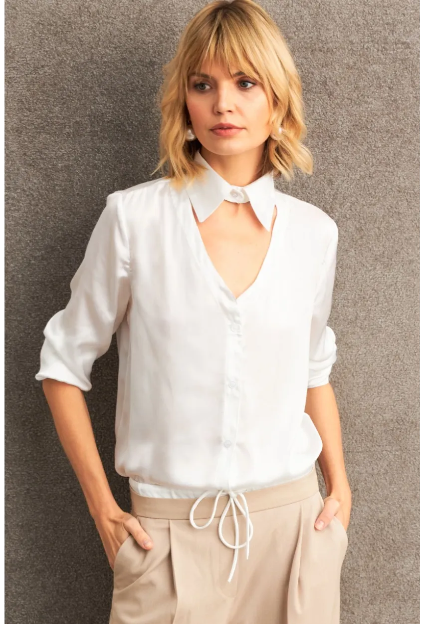 Kadın Beyaz Önü Pencereli Saten Gömlek ZER419