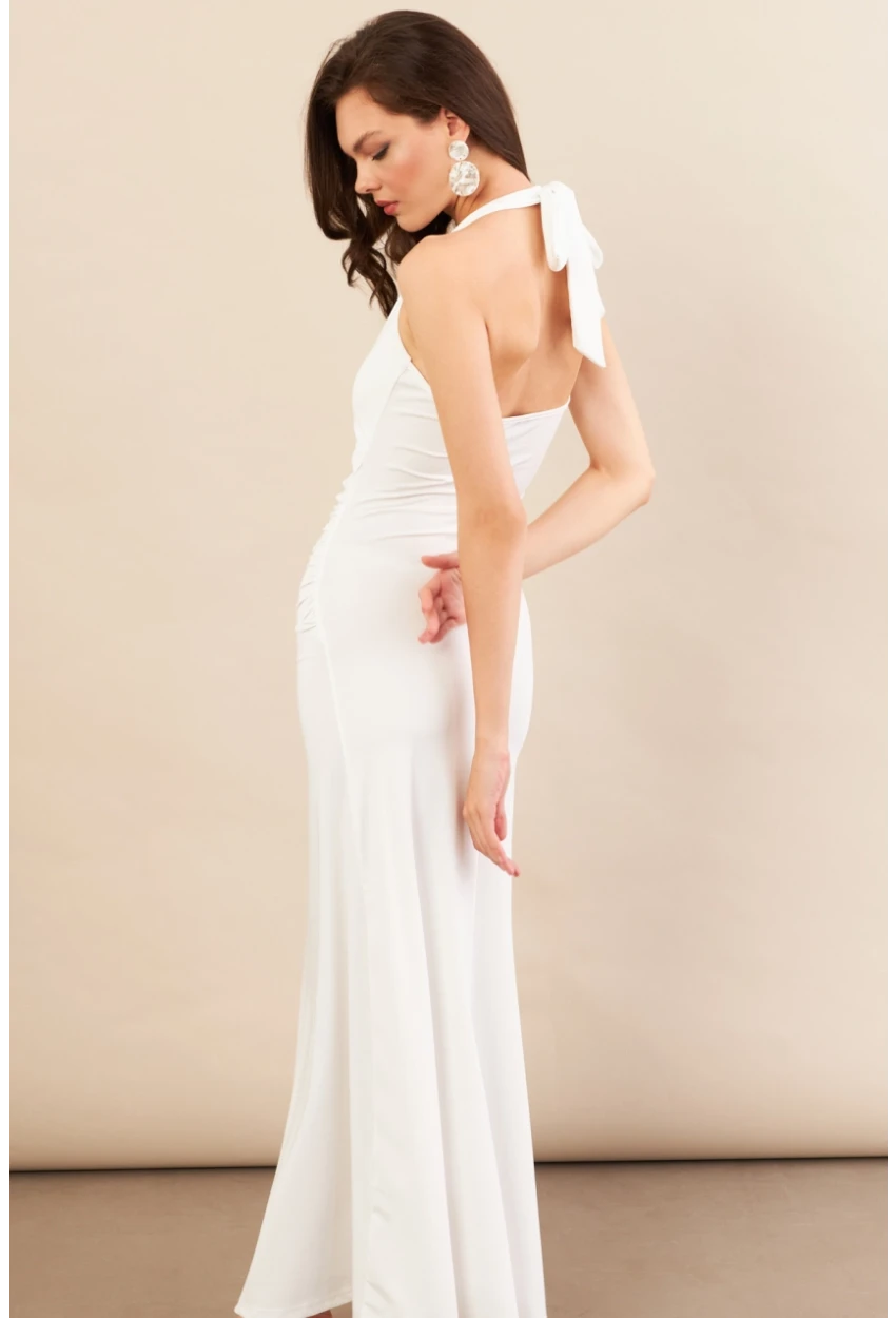 Kadın Beyaz Sırtı Açık Boyun Bağlamalı Maxi Elbise DCF061