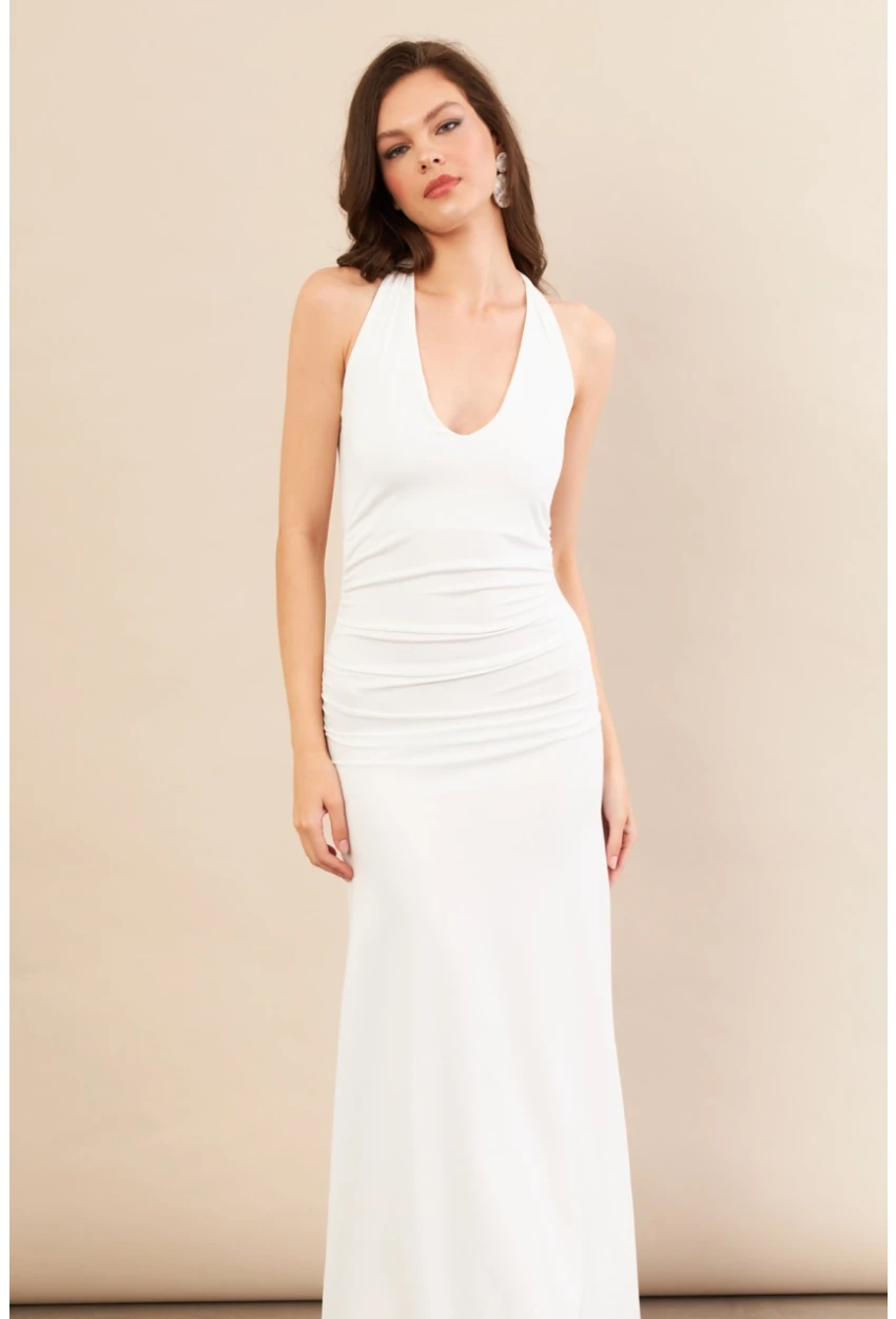 Kadın Beyaz Sırtı Açık Boyun Bağlamalı Maxi Elbise DCF061