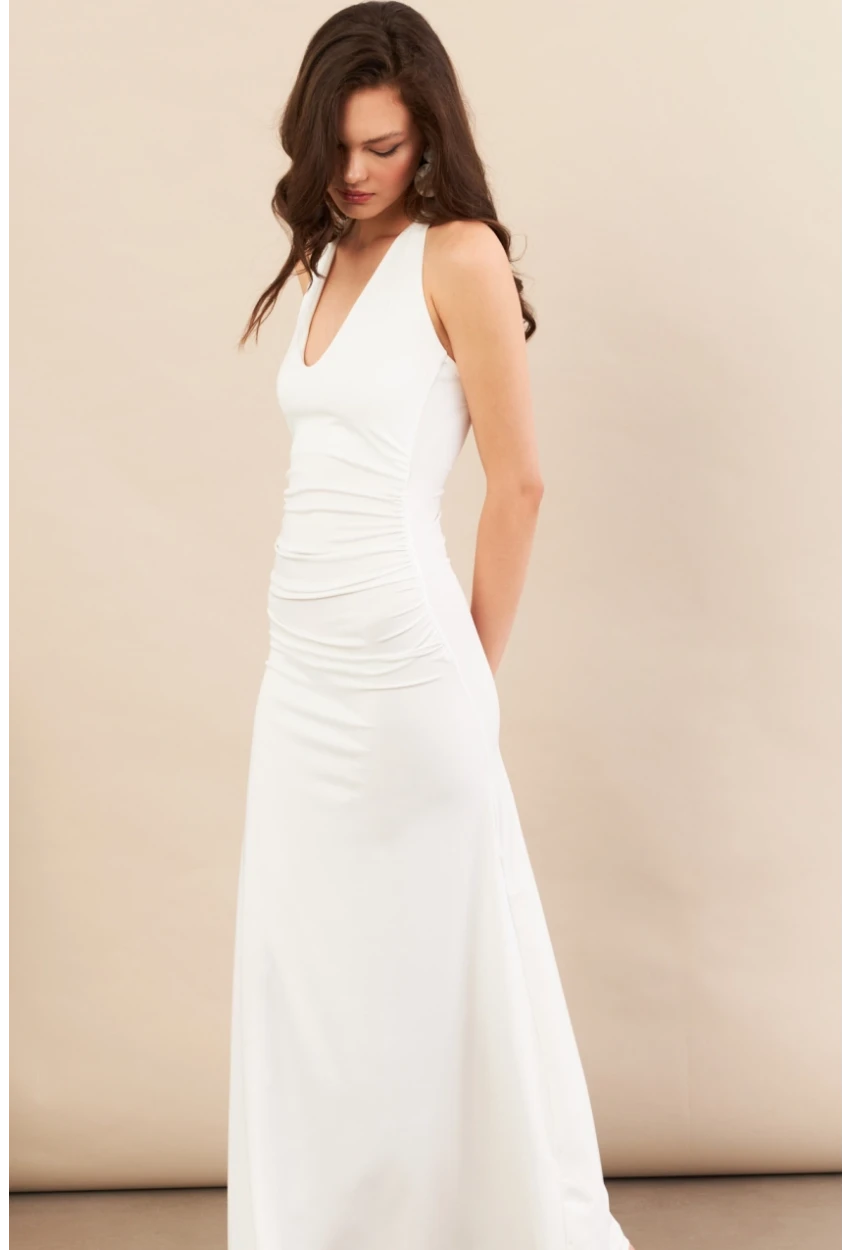 Kadın Beyaz Sırtı Açık Boyun Bağlamalı Maxi Elbise DCF061