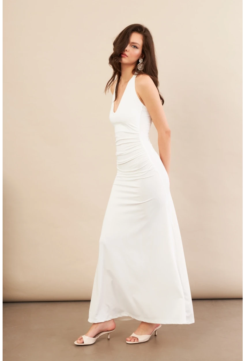 Kadın Beyaz Sırtı Açık Boyun Bağlamalı Maxi Elbise DCF061