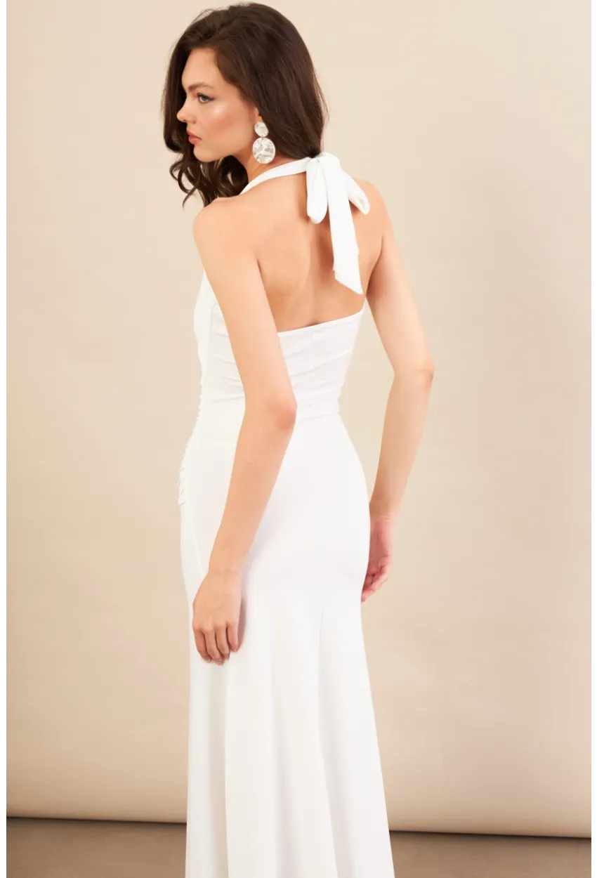Kadın Beyaz Sırtı Açık Boyun Bağlamalı Maxi Elbise DCF061