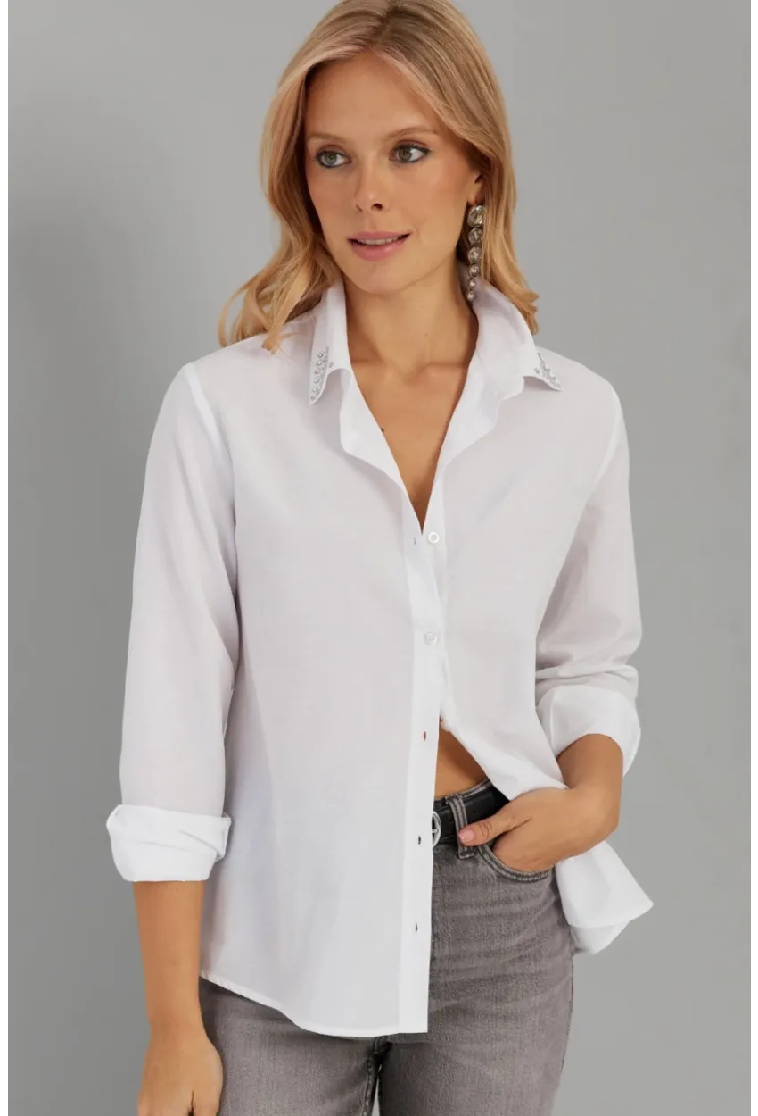 Kadın Beyaz Taş Detaylı Gömlek ZER402