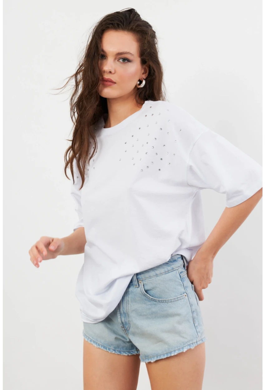 Kadın Beyaz Taşlı Salaş T-Shirt TF86
