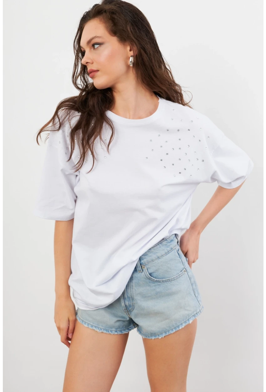 Kadın Beyaz Taşlı Salaş T-Shirt TF86