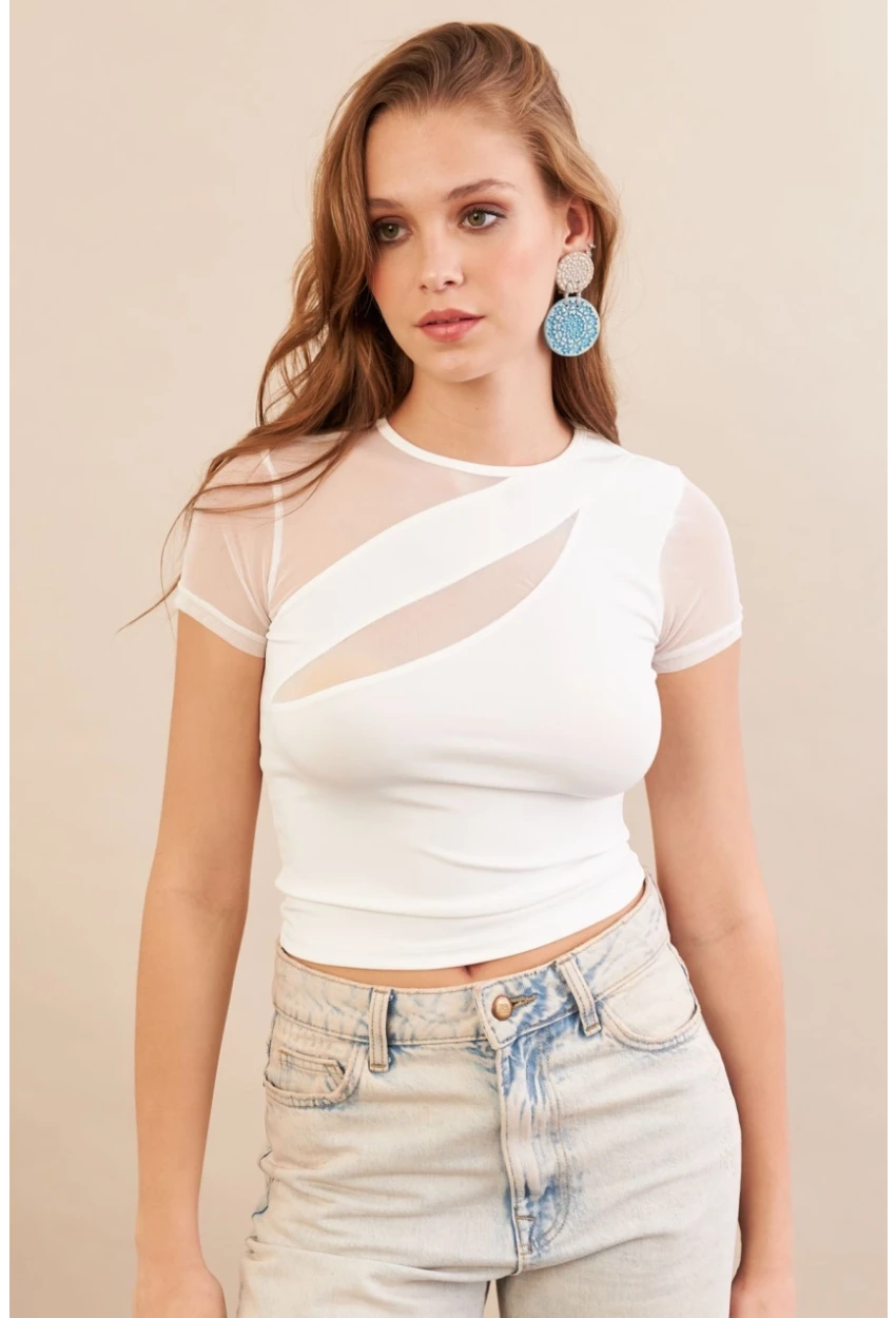 Kadın Beyaz Tül Detaylı Bluz AN8087
