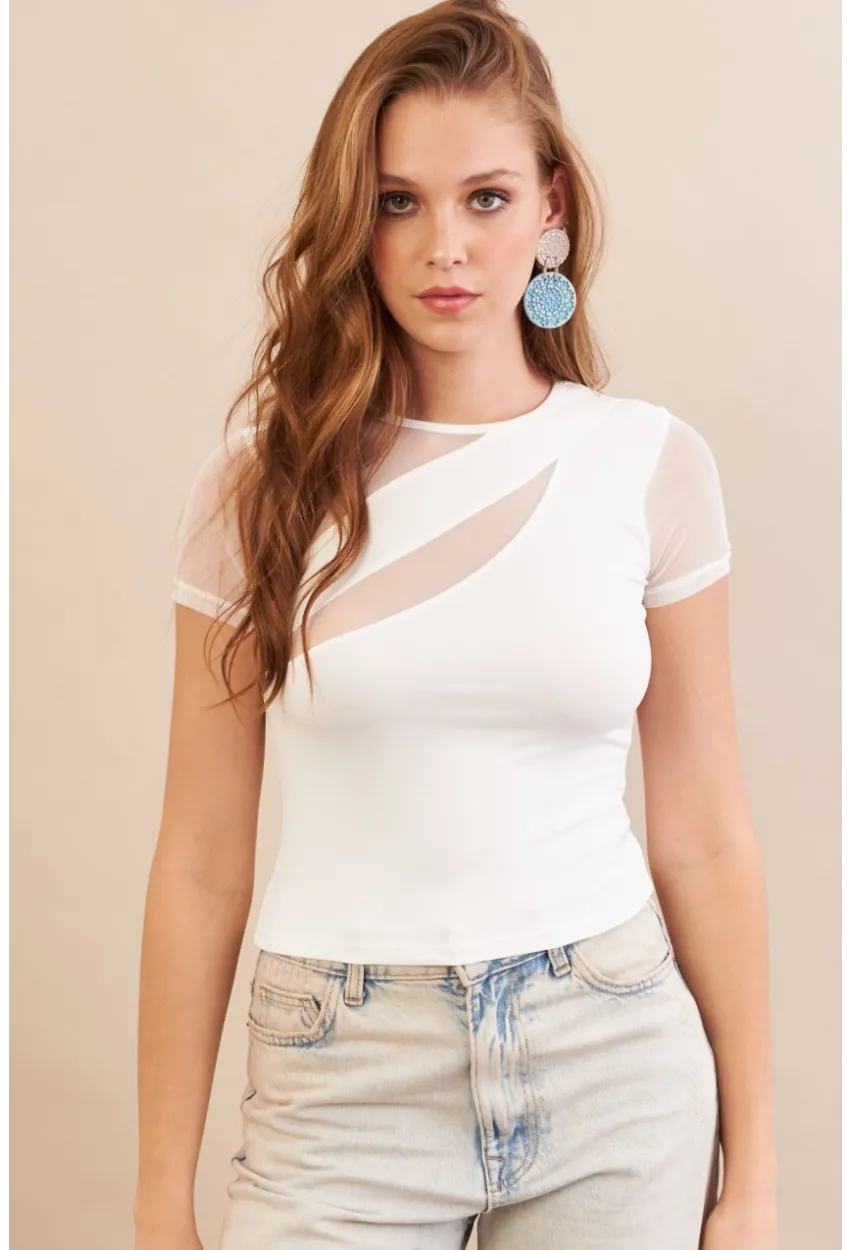 Kadın Beyaz Tül Detaylı Bluz AN8087