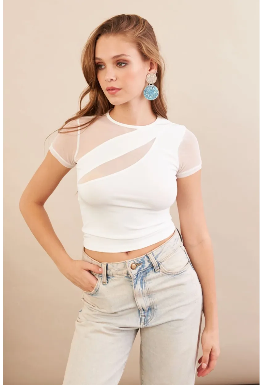 Kadın Beyaz Tül Detaylı Bluz AN8087