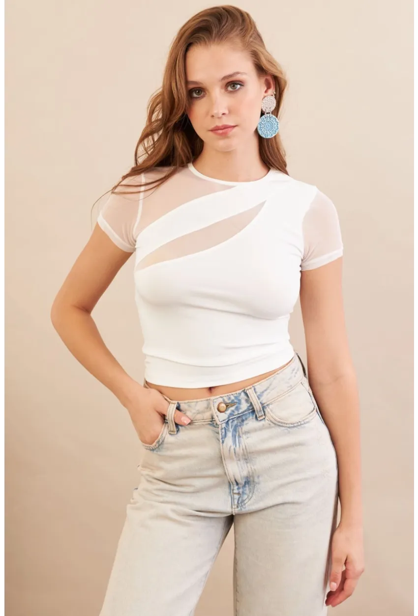 Kadın Beyaz Tül Detaylı Bluz AN8087