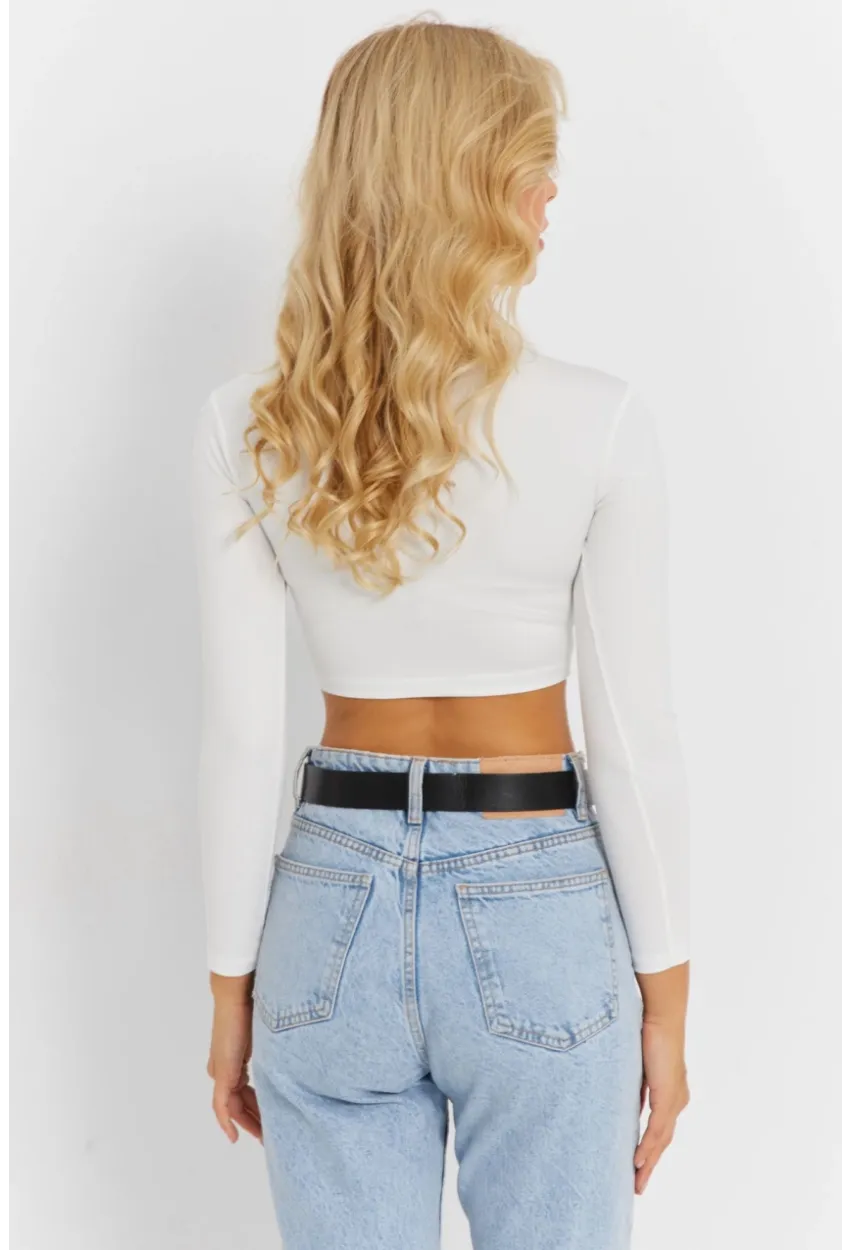 Kadın Beyaz V Yaka Crop Bluz CG368