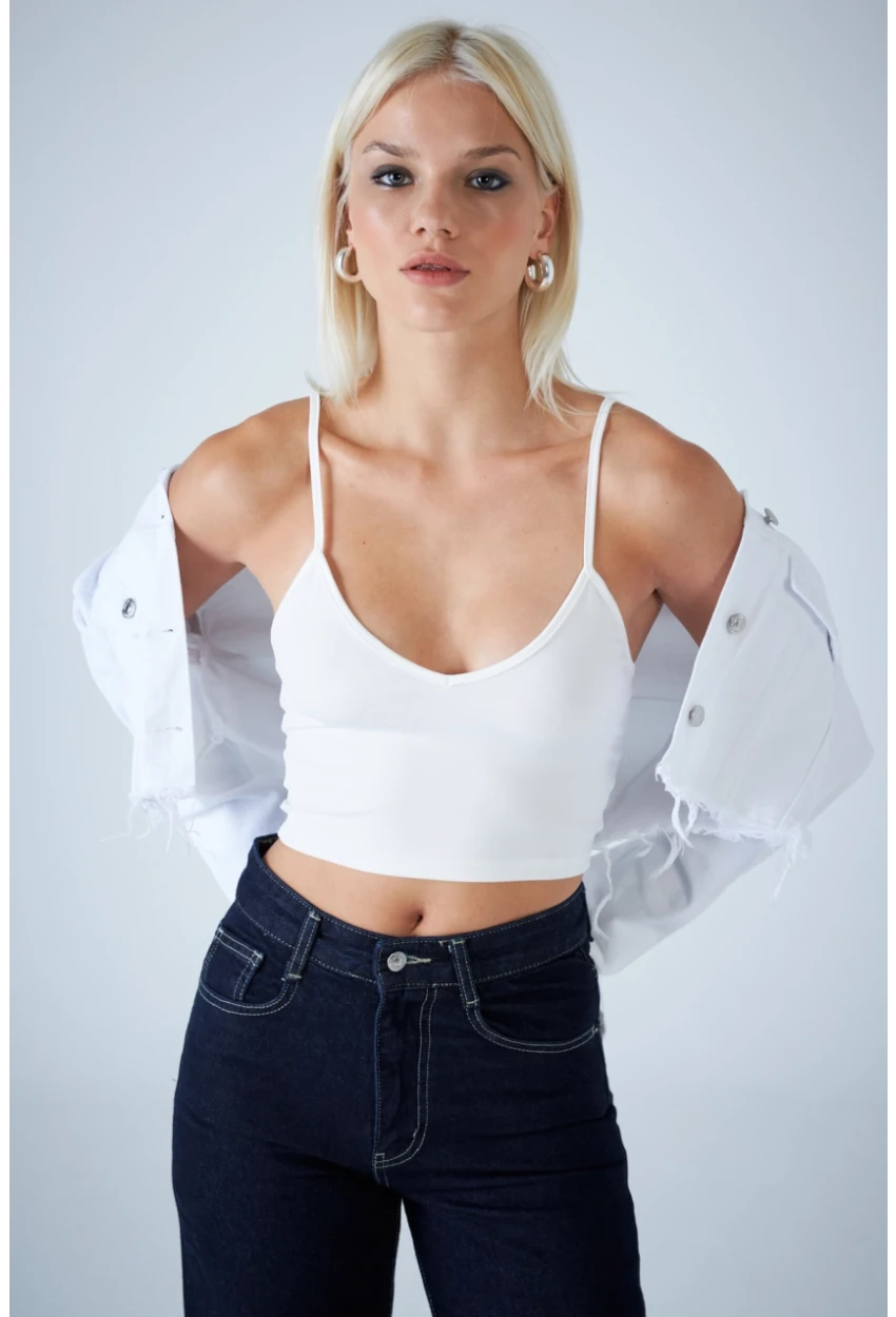 Kadın Beyaz V Yaka Crop Bluz COL1000