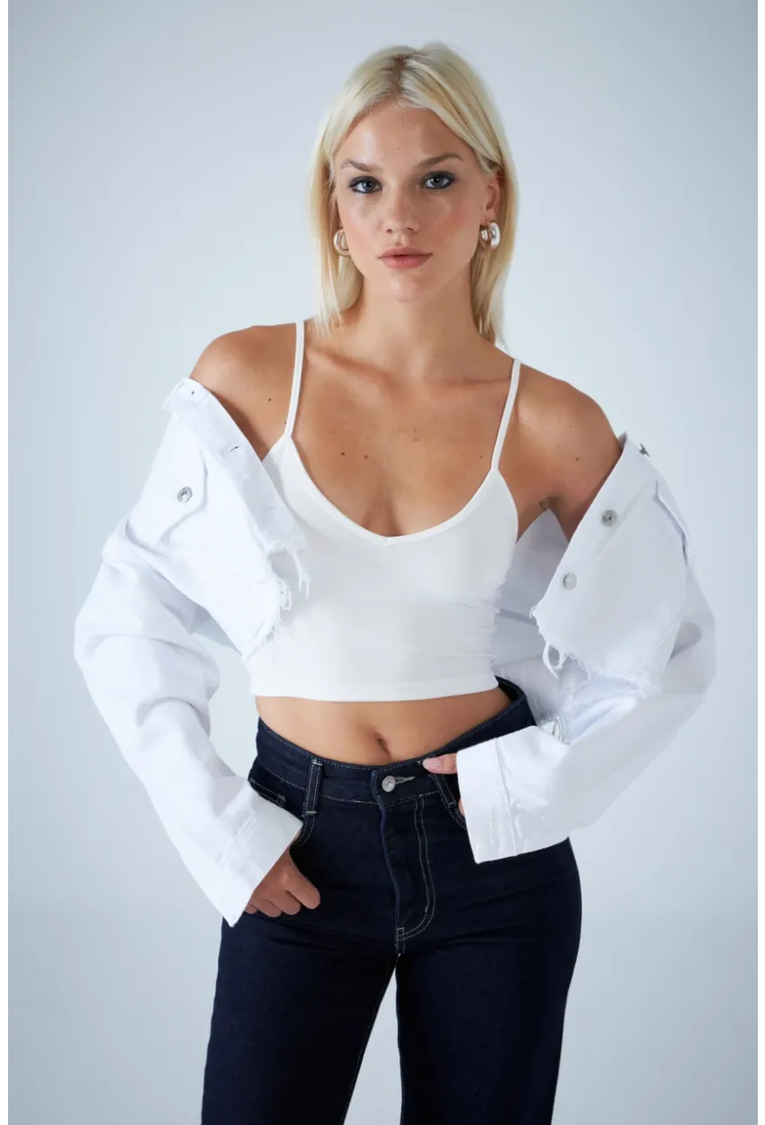 Kadın Beyaz V Yaka Crop Bluz COL1000