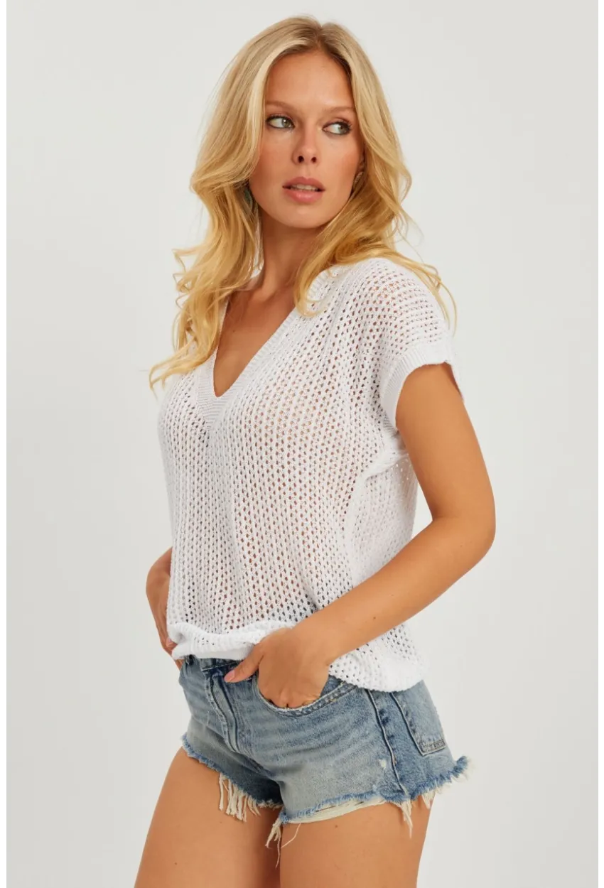 Kadın Beyaz V Yaka Fileli Bluz SMT230