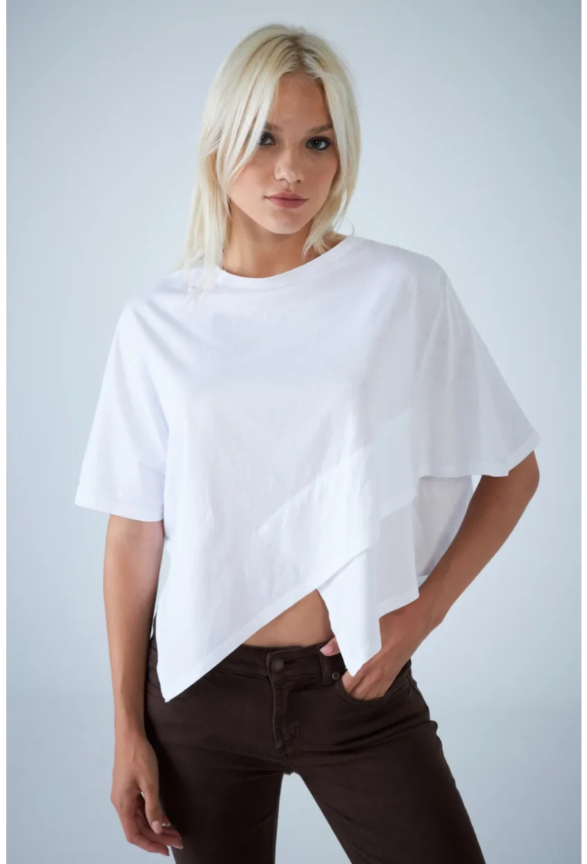 Kadın Beyaz Yarasa Kol Asimetrik T-Shirt LPP1315