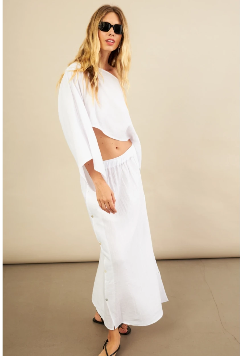 Kadın Beyaz Yarasa Kol Crop Müslin Etek Takım BTY104
