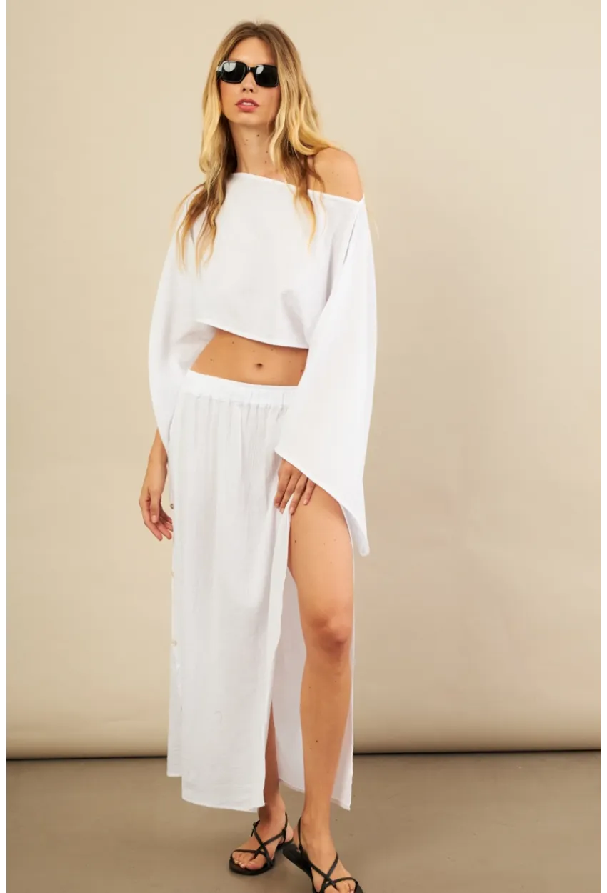 Kadın Beyaz Yarasa Kol Crop Müslin Etek Takım BTY104