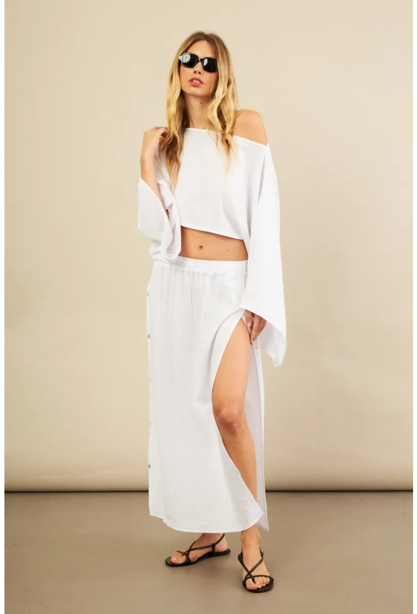 Kadın Beyaz Yarasa Kol Crop Müslin Etek Takım BTY104
