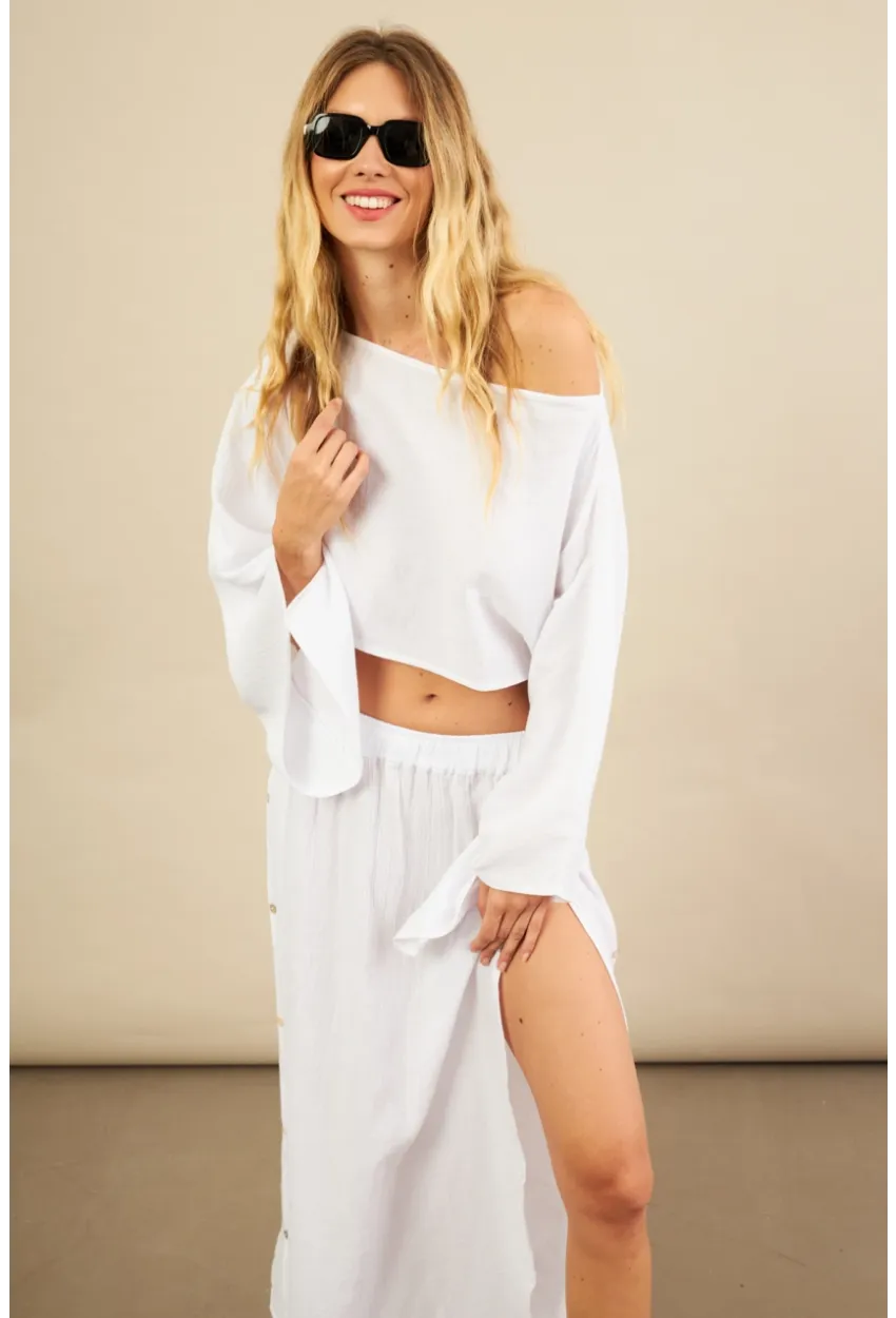 Kadın Beyaz Yarasa Kol Crop Müslin Etek Takım BTY104