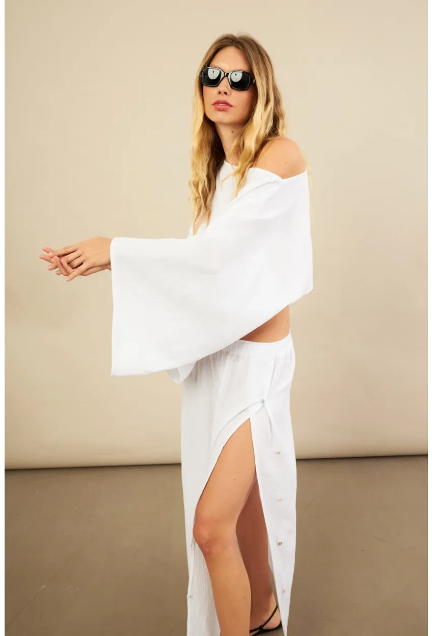 Kadın Beyaz Yarasa Kol Crop Müslin Etek Takım BTY104