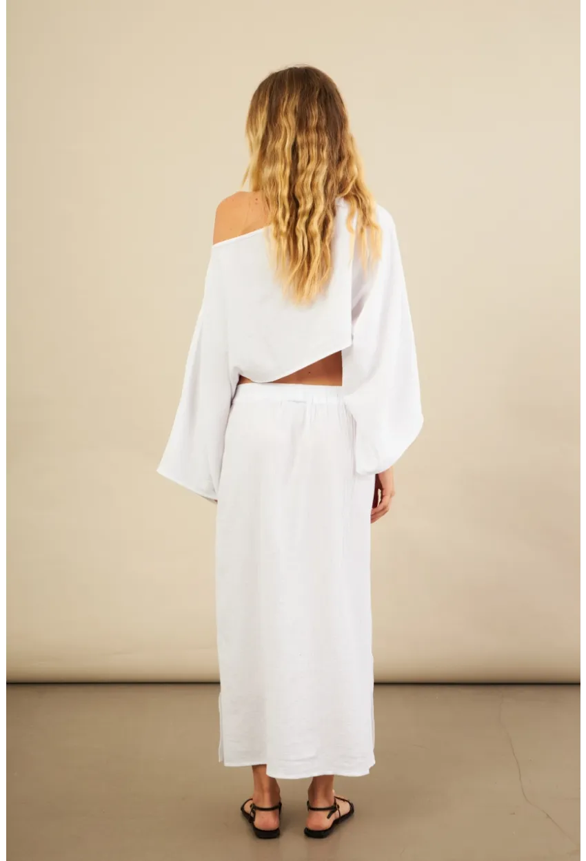 Kadın Beyaz Yarasa Kol Crop Müslin Etek Takım BTY104