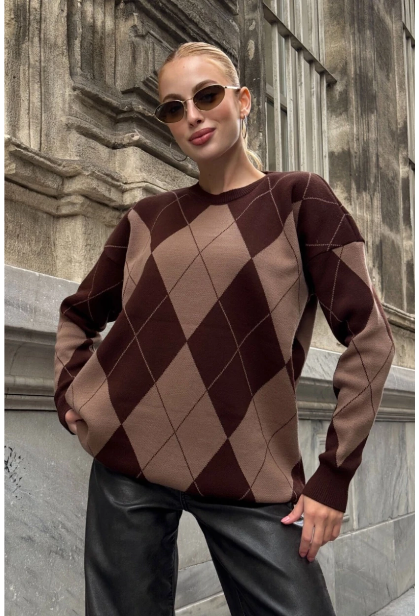 Kadın Bisiklet Yaka Baklava Desenli Triko Kazak