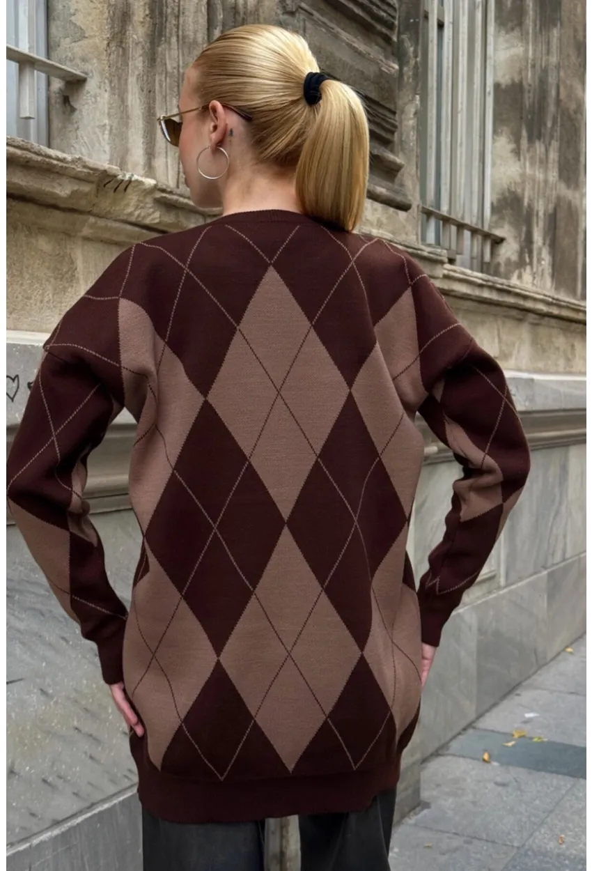 Kadın Bisiklet Yaka Baklava Desenli Triko Kazak