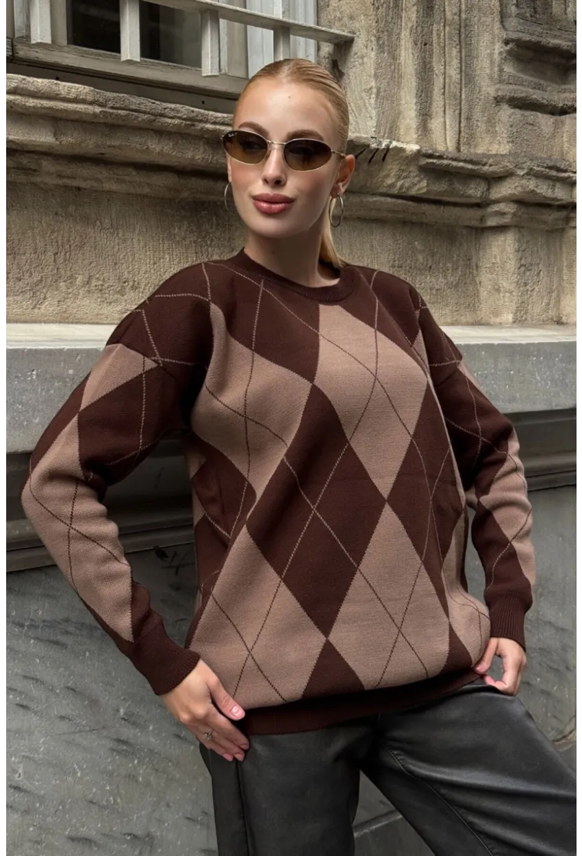 Kadın Bisiklet Yaka Baklava Desenli Triko Kazak