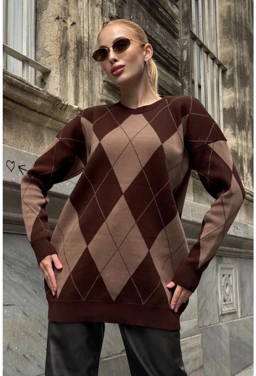 Kadın Bisiklet Yaka Baklava Desenli Triko Kazak