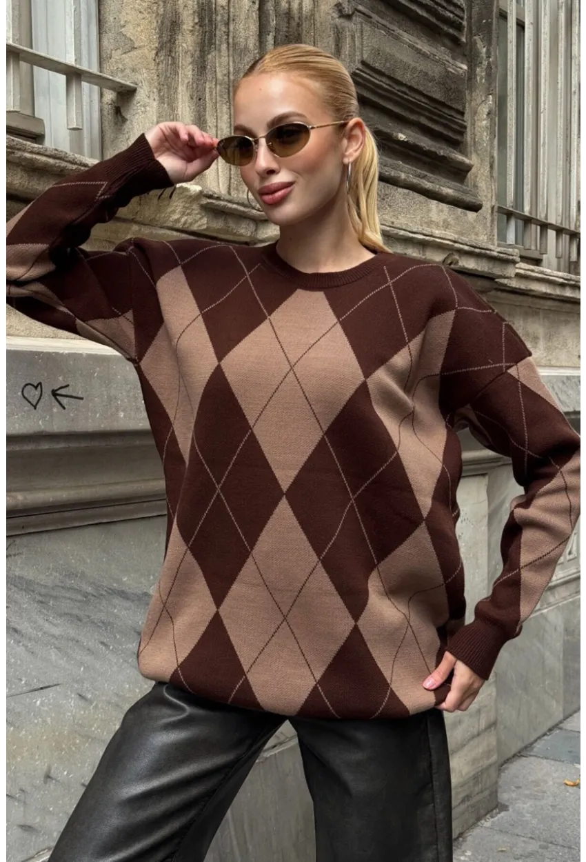 Kadın Bisiklet Yaka Baklava Desenli Triko Kazak