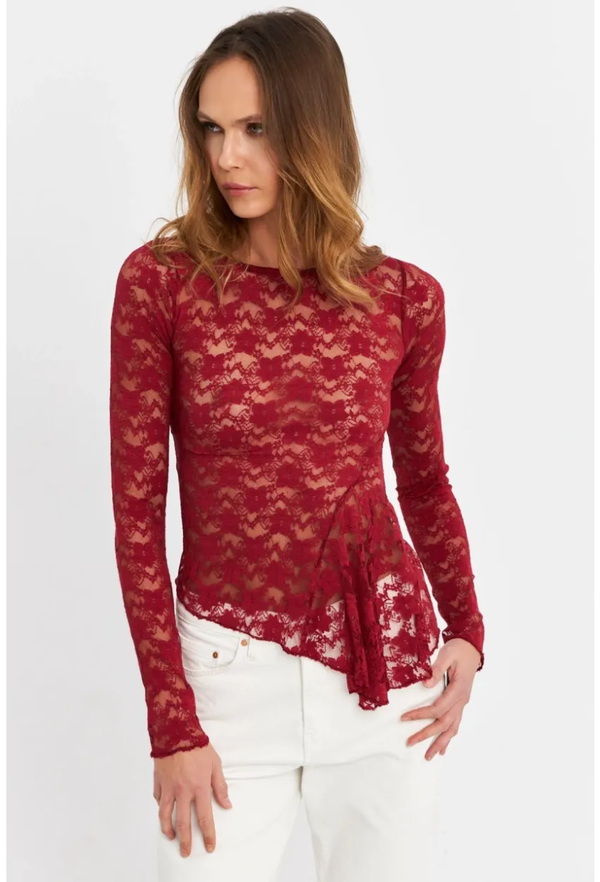 Kadın Bordo Asimetrik Dantel Bluz MTK13288