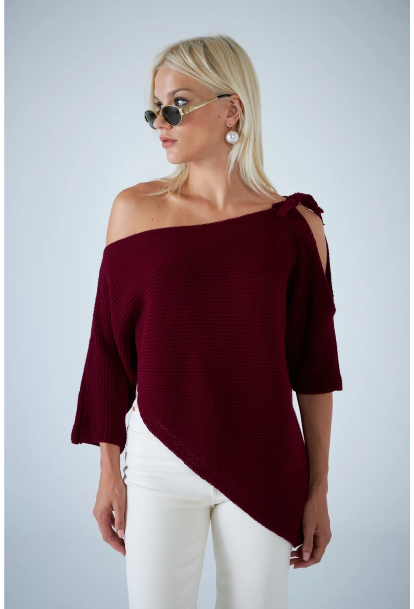 Kadın Bordo Asimetrik Triko Bluz YV359