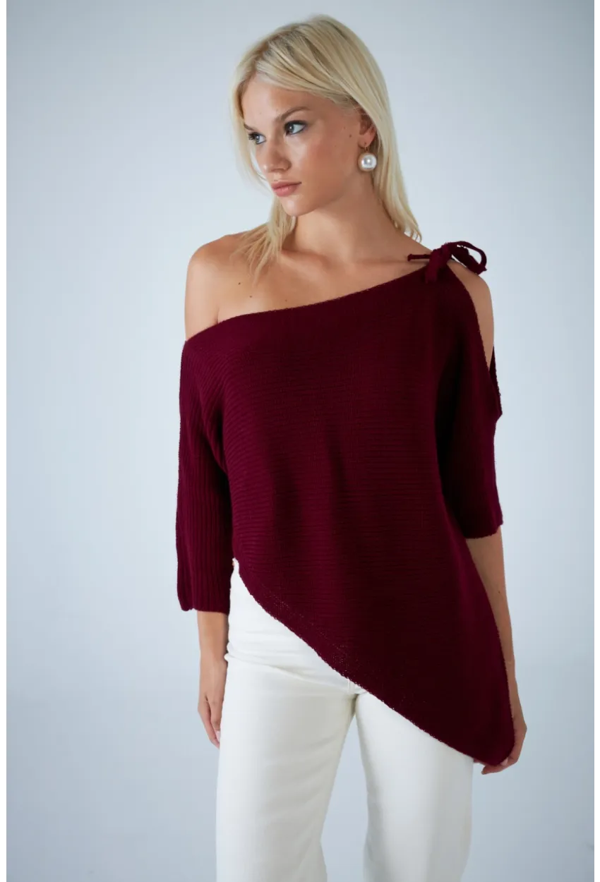 Kadın Bordo Asimetrik Triko Bluz YV359