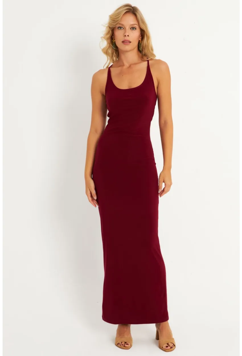 Kadın Bordo Ayarlanabilir Askılı Maxi Elbise MEN2004