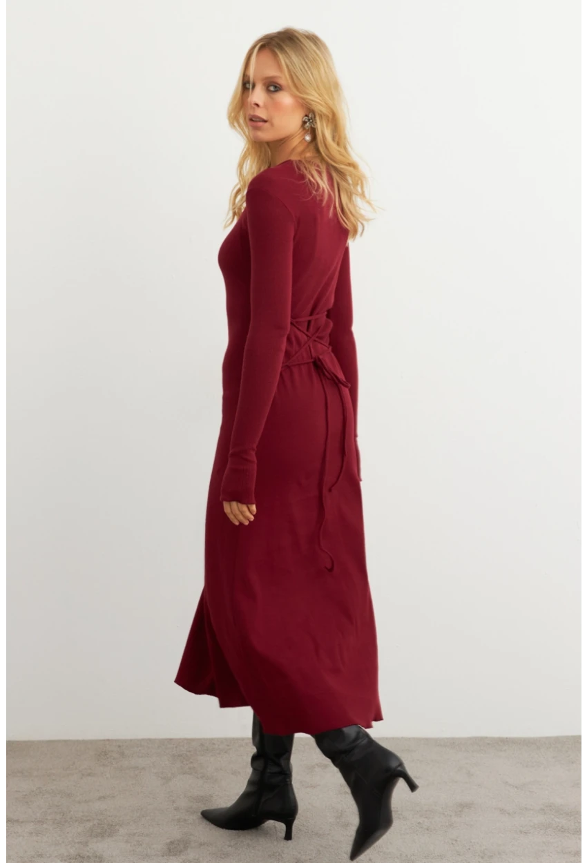 Kadın Bordo Bağlamalı Kaşkorse Midi Elbise COL2268