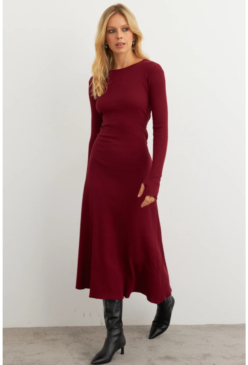 Kadın Bordo Bağlamalı Kaşkorse Midi Elbise COL2268
