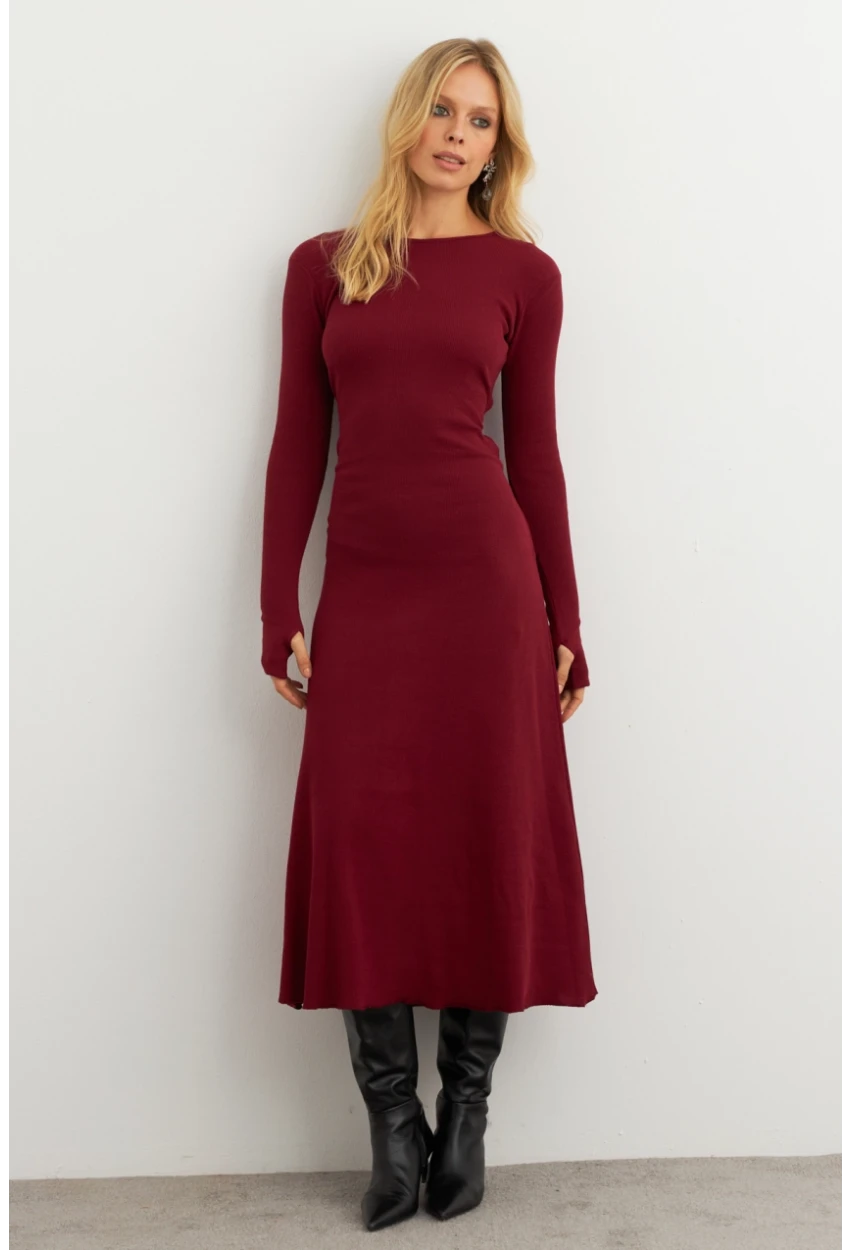 Kadın Bordo Bağlamalı Kaşkorse Midi Elbise COL2268