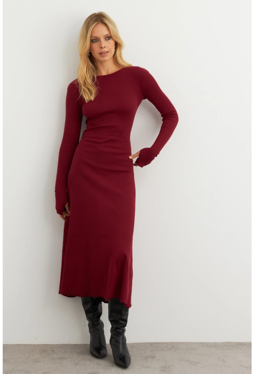 Kadın Bordo Bağlamalı Kaşkorse Midi Elbise COL2268