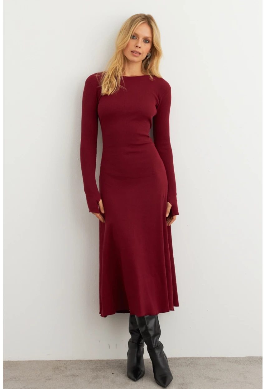 Kadın Bordo Bağlamalı Kaşkorse Midi Elbise COL2268