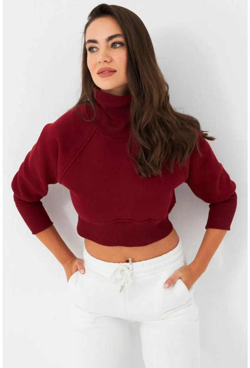 Kadın Bordo Balıkçı Crop Sweatshirt DY1469