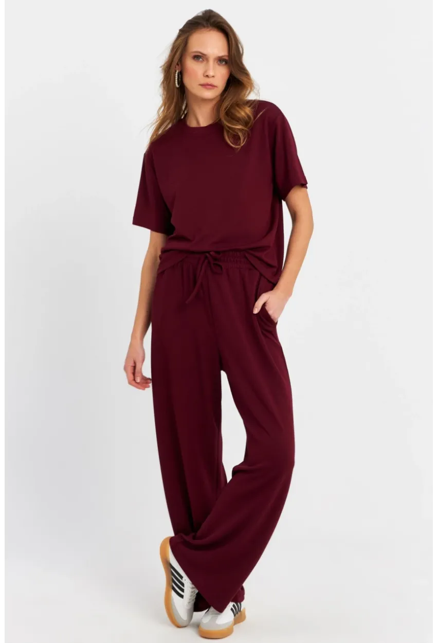 Kadın Bordo Basic Alt-Üst Pantolon Takım MRU6929