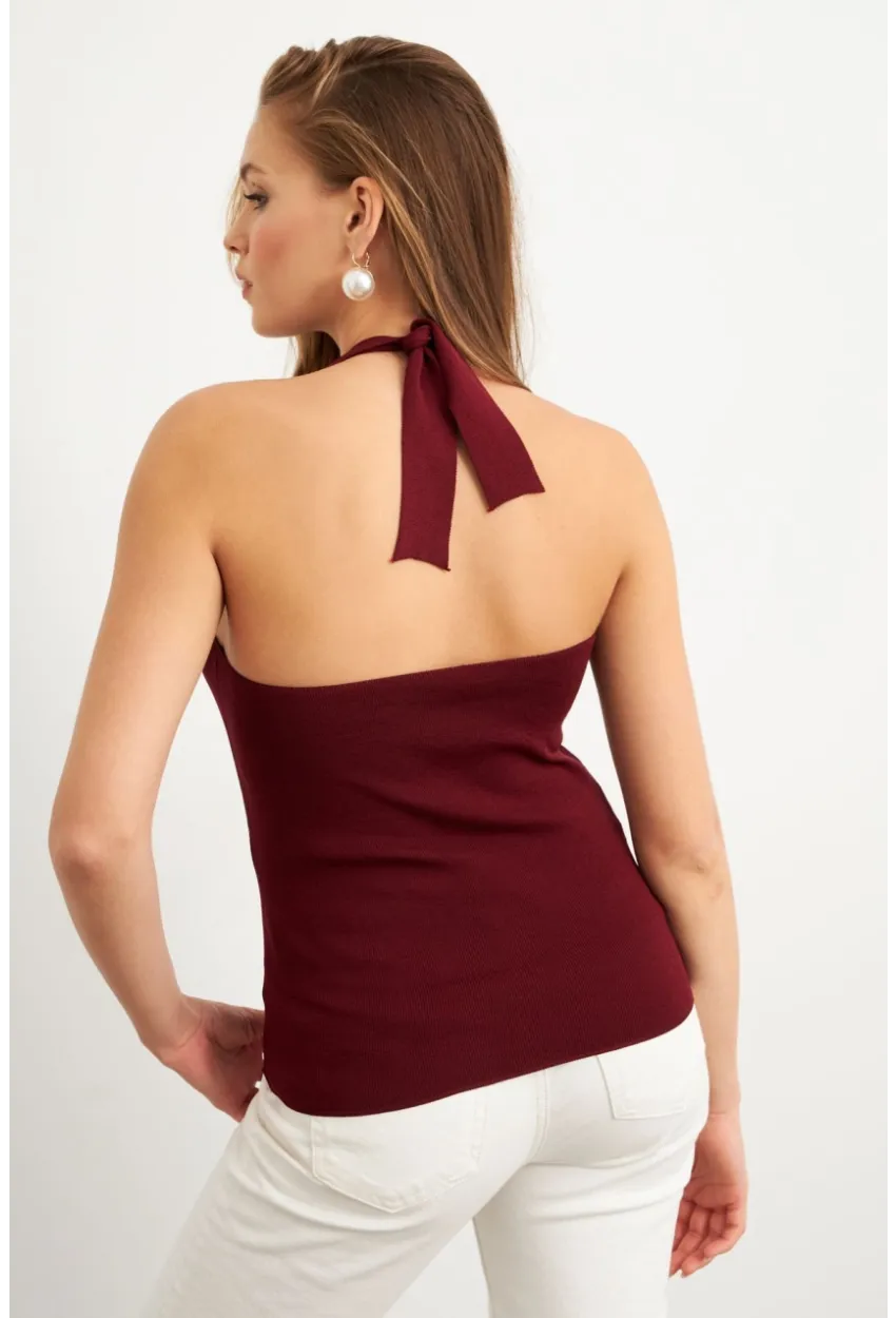 Kadın Bordo Boyundan Bağlamalı Triko Bluz YV356
