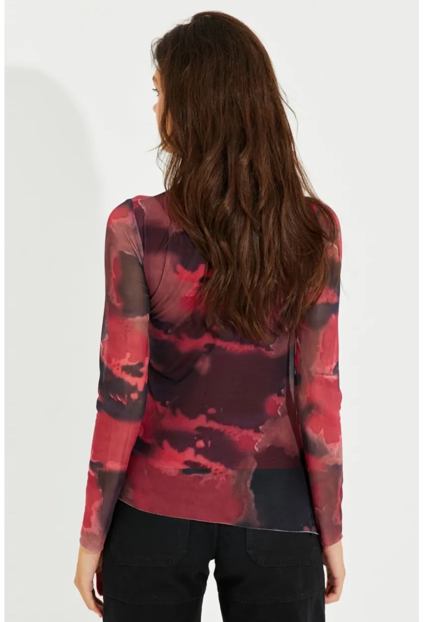 Kadın Bordo Büzgülü Astarlı Tül Bluz LPP1231