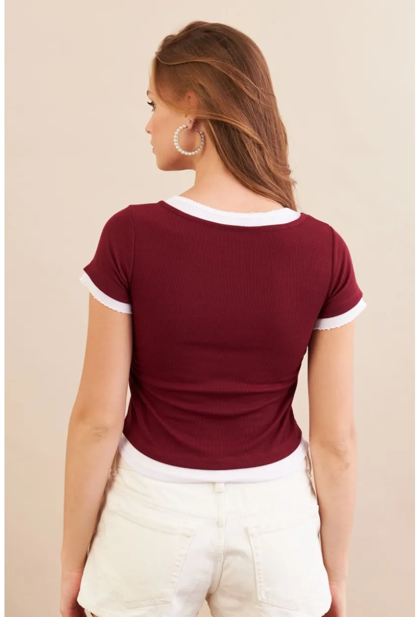 Kadın Bordo Büzgülü Beyaz Garnili Bluz MX9465