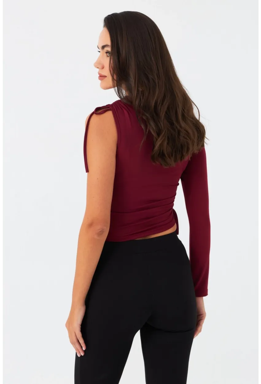 Kadın Bordo Büzülebilir Tek Kol Bluz CG390