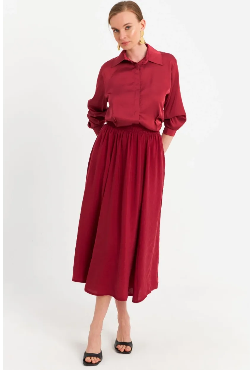 Kadın Bordo Cepli Midi Etek MSH20194