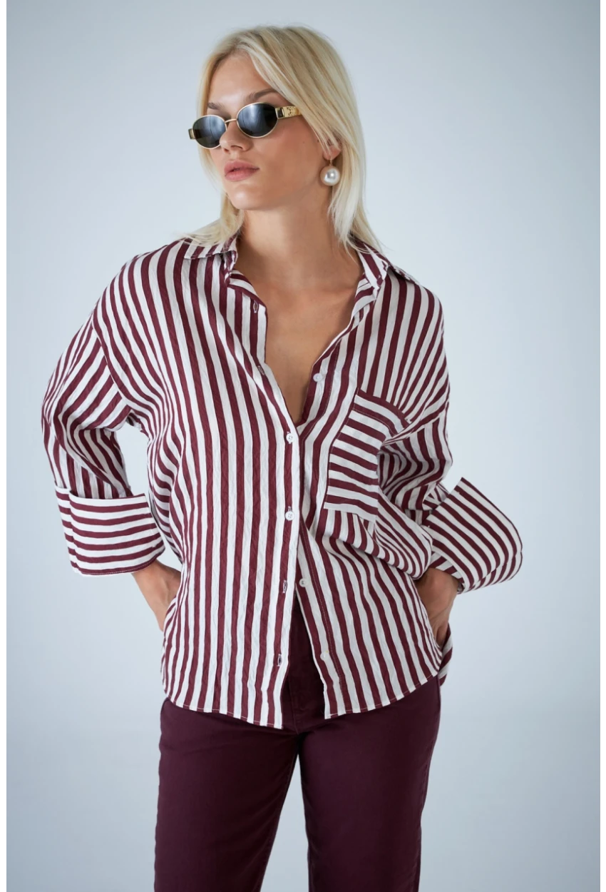 Kadın Bordo Çizgili Cepli Gömlek ELN601