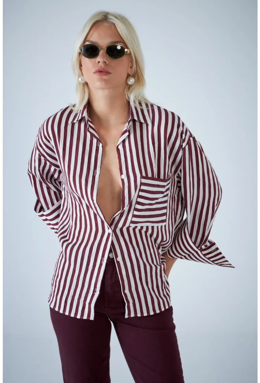Kadın Bordo Çizgili Cepli Gömlek ELN601