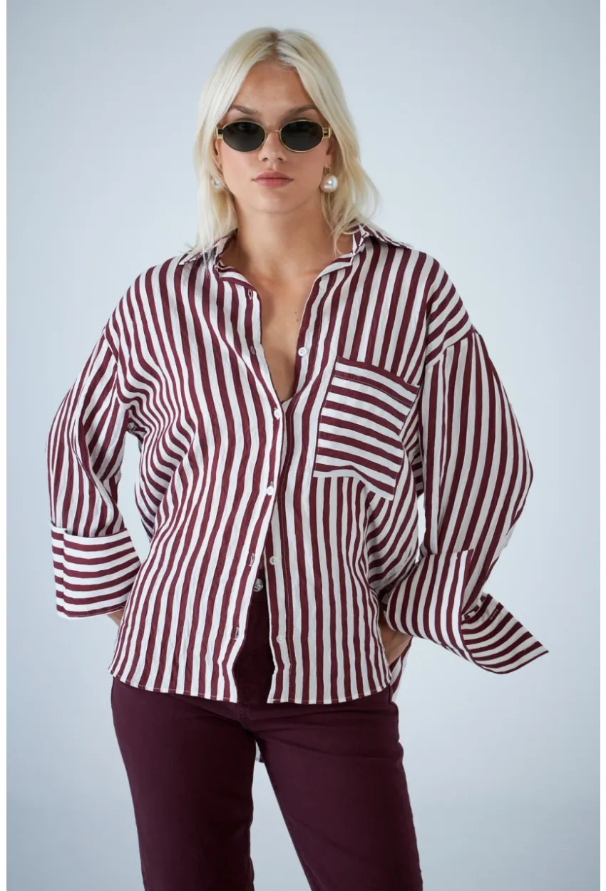 Kadın Bordo Çizgili Cepli Gömlek ELN601