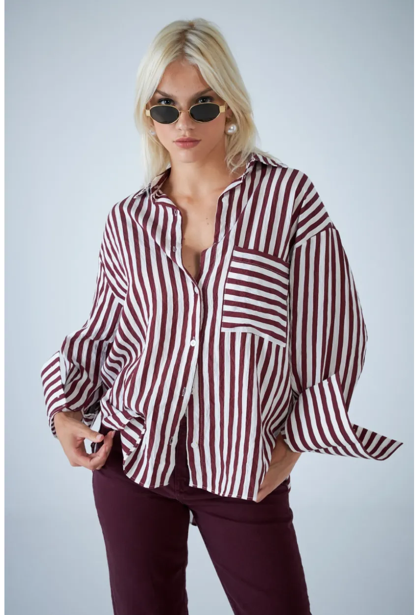 Kadın Bordo Çizgili Cepli Gömlek ELN601